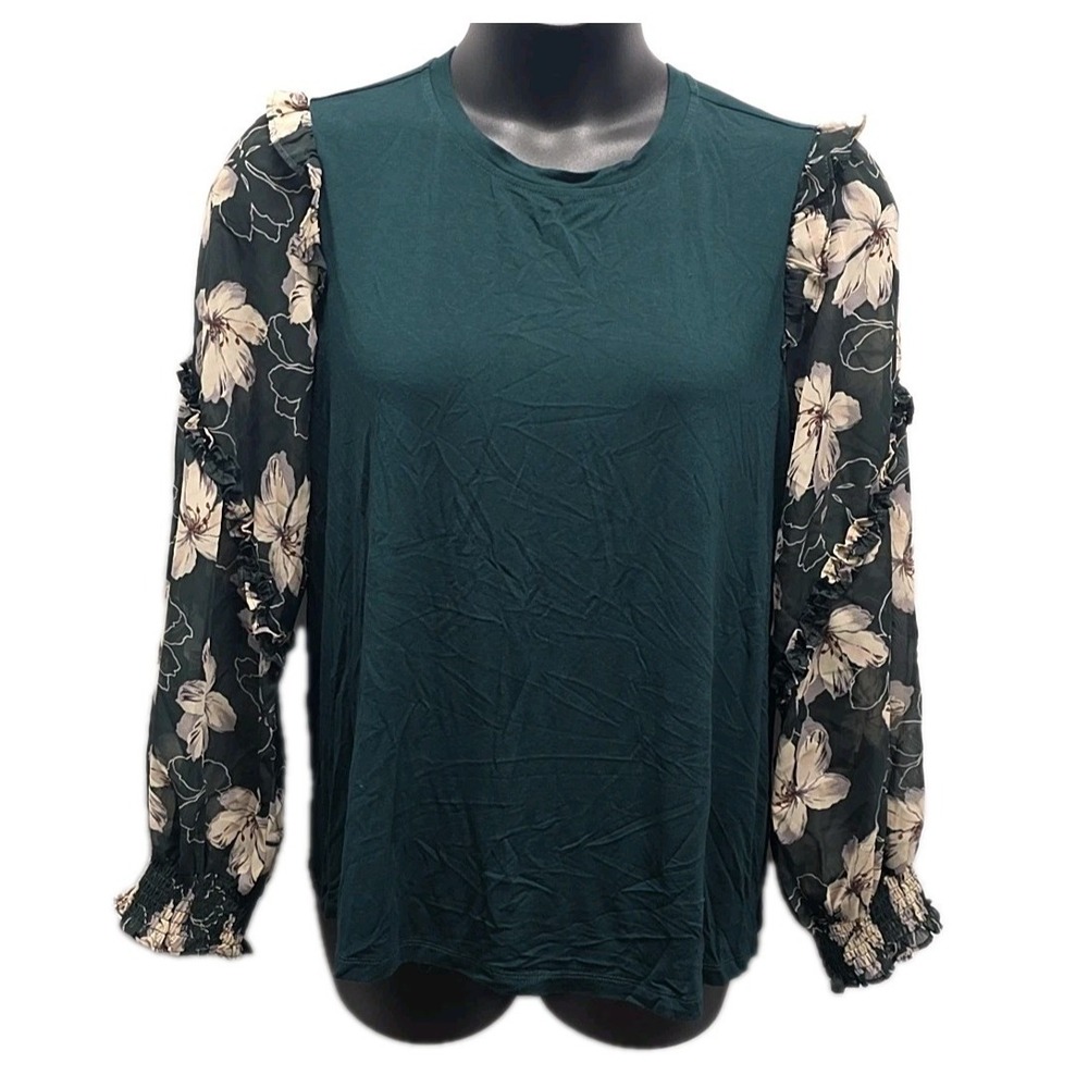 Betseys Boutique Top Green Floral Sheer Long Sleeve Ruffle Detail sz L Fairycore